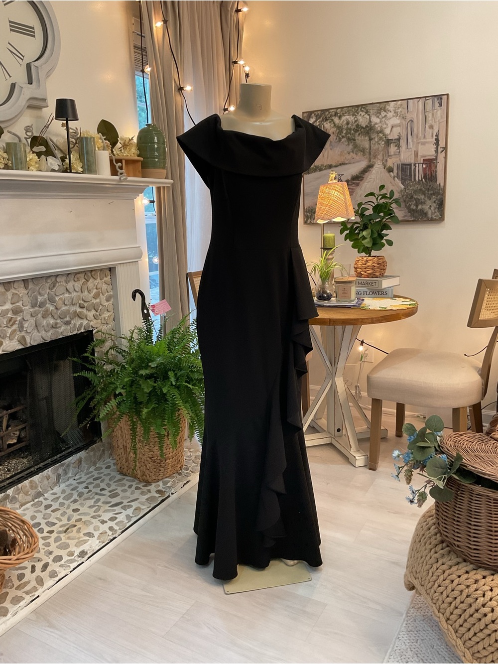 Betsy & Adam Black Off-Shoulder Ruffle-Trim Maxi Gown